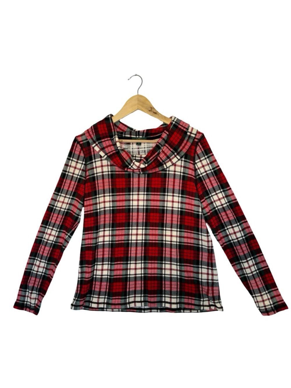 RALPH LAUREN LRL Red Black White Tartan Cowl Neck Long Sleeve Shirt Size XL